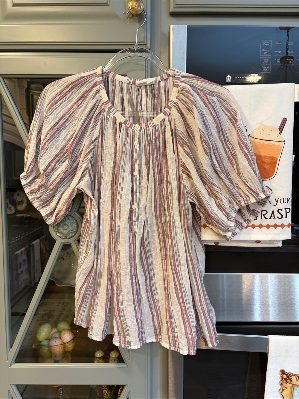 GAP Striped Gauze Cotton Puff-Sleeve Blouse in Cream, Mauve and Dusty Rose XS